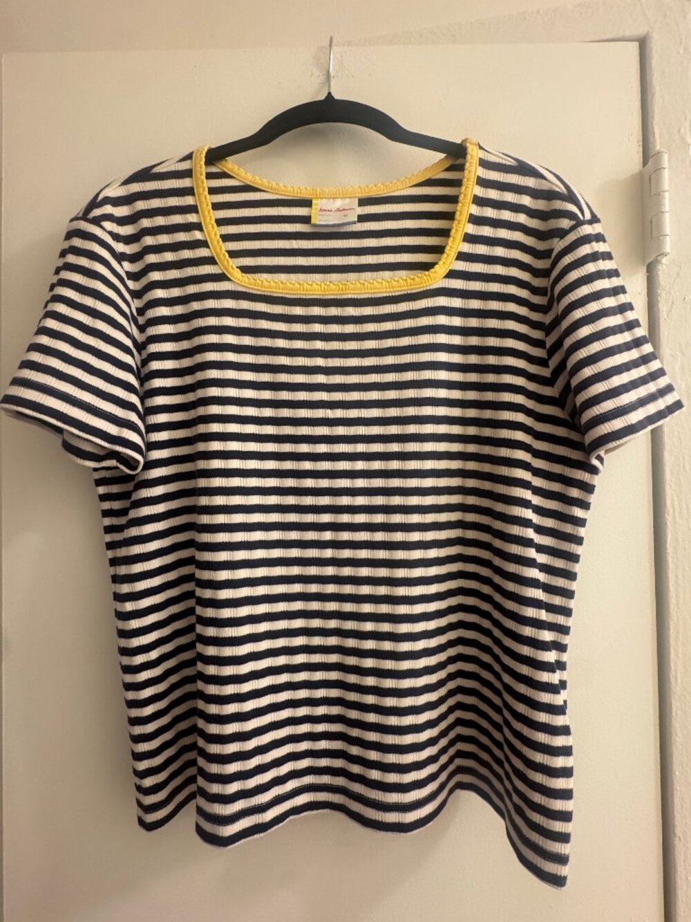 Hanna Andersson Navy White Striped Cotton Tee Yellow Trim Size M